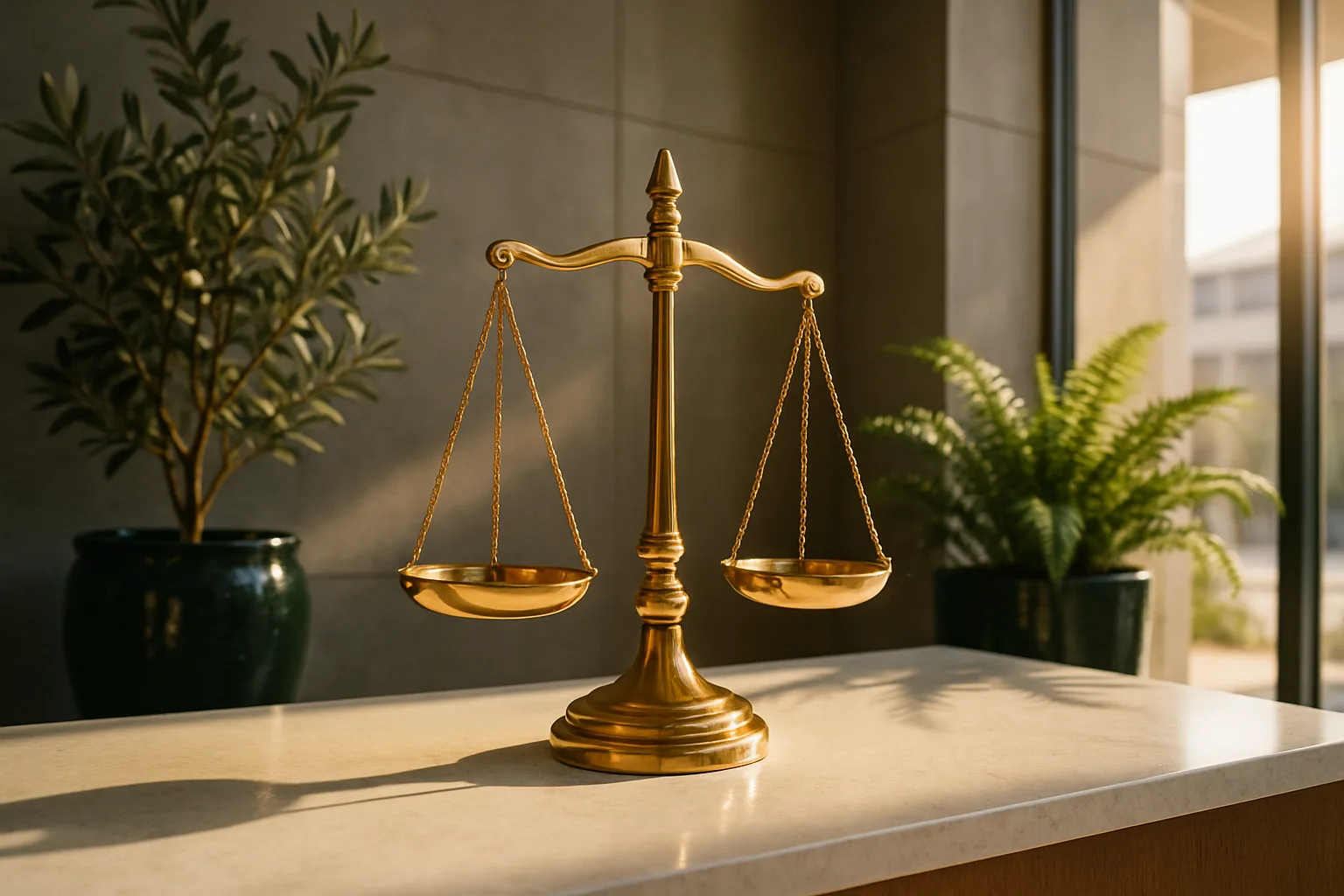 Polished brass scales of justice on a sunlit limestone desk in a bright South African law firm, representing conveyancing attorney fees in property transfers.