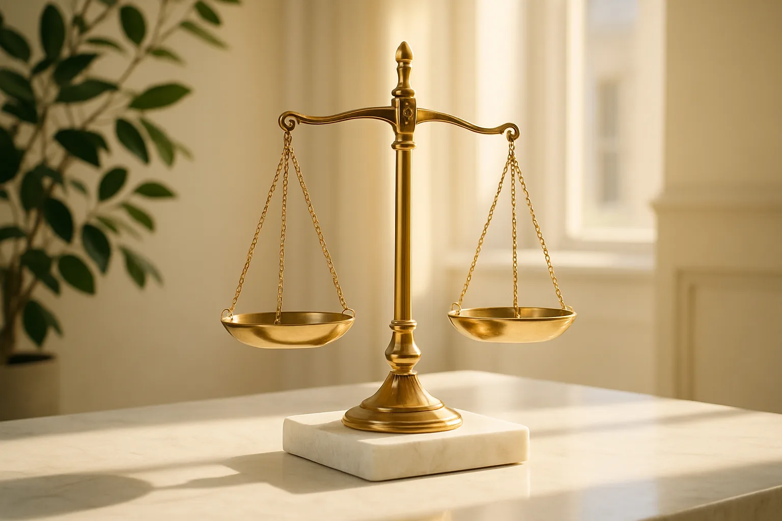 Polished brass scales of justice on a sunlit marble surface in a bright law office, representing buyer seller disputes that stall a property transfer.