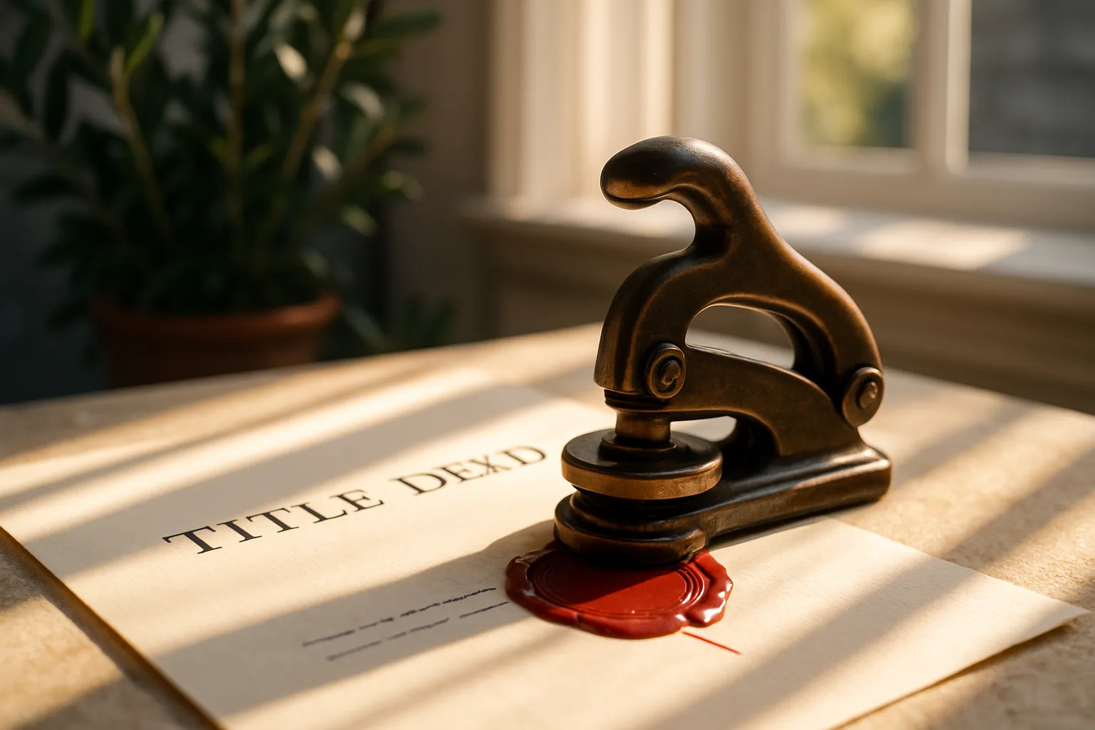 A brass notary embossing seal resting on a formal title deed with a wax seal, representing the critical importance of missing transfer documents in South African property conveyancing.