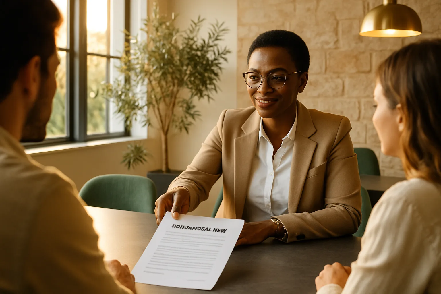 A South African conveyancing attorney explaining occupational rent to a couple during a bright property transfer consultation in a sunlit law office.