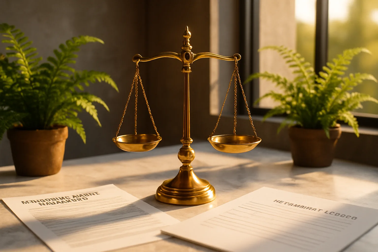 Polished brass scales of justice on a sunlit attorney's desk beside a municipal rates statement, illustrating the careful calculation of prorata rates and taxes during a South African property transfer.