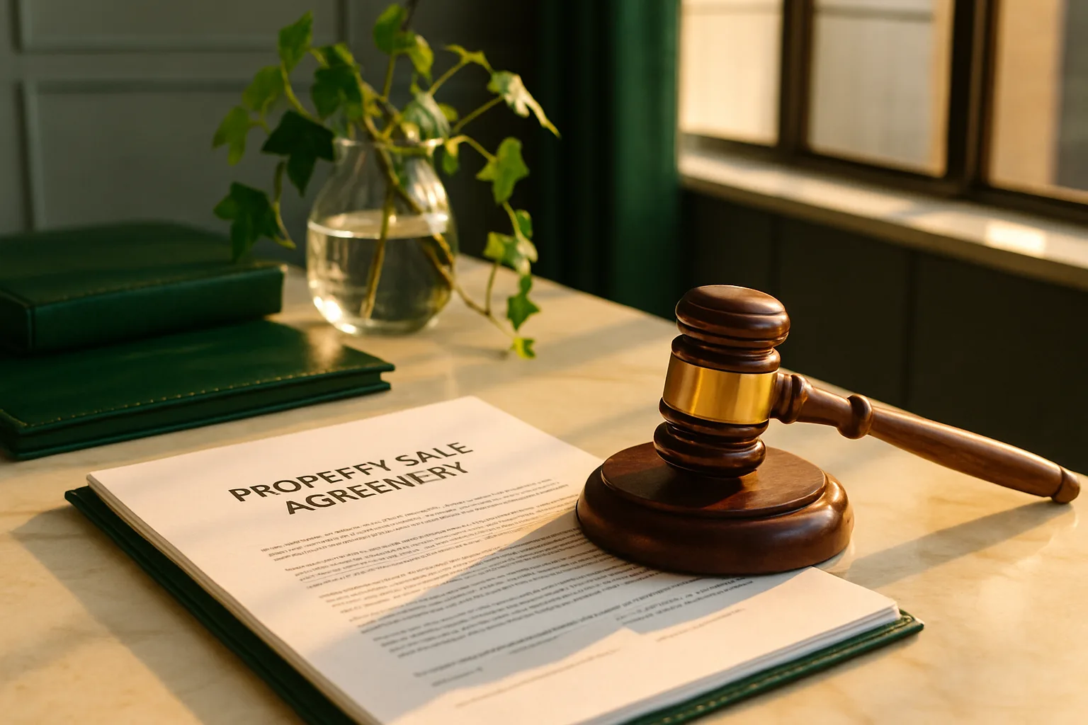 A polished hardwood gavel resting beside a bound sale agreement document on a sunlit marble desk in a South African law office.
