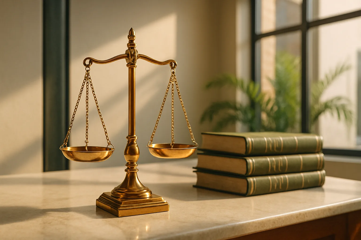 Polished brass scales of justice on a marble surface in a sunlit South African law office, representing the legal framework governing VAT on property transactions.